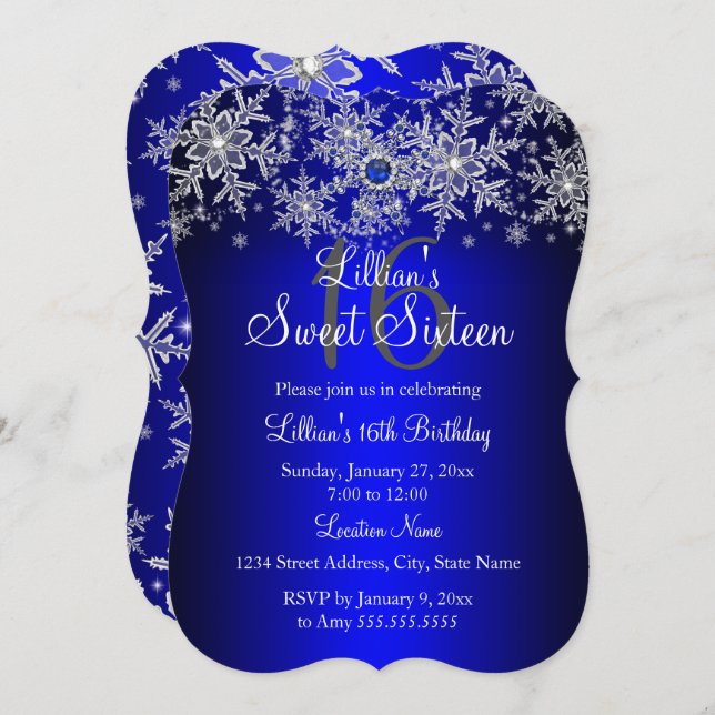 Invitation Blue Pearl Silver Snowflake Sweet 16 (Devant / Derrière)