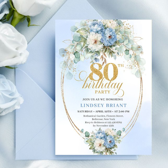 Invitation Blue Peonies Greenery Minimal Boho 80th Birthday (Blue Peonies Greenery Minimal Boho 80th Birthday)