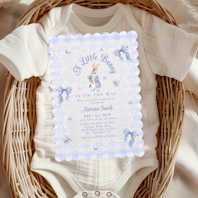 Invitation Blue Peter Rabbit Gingham lace Baby Shower (Créateur téléchargé)