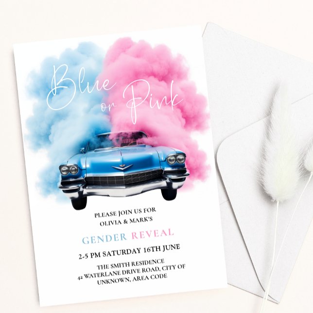 Invitation Blue Pink Fumée voiture Truck Thème Bébé Genre Rév (Créateur téléchargé)