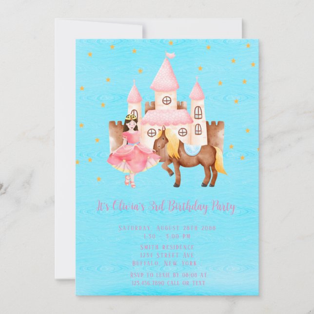 Invitation Blue Pink Princess Castle Horse fête d'anniversair (Devant)