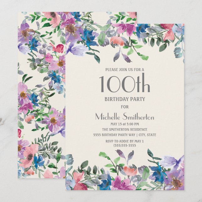 Invitation Blue Pink Purple Floral Femmes 100e anniversaire (Devant / Derrière)
