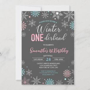 Invitation Blue Pink Winter Onederland Snowflake 1er annivers