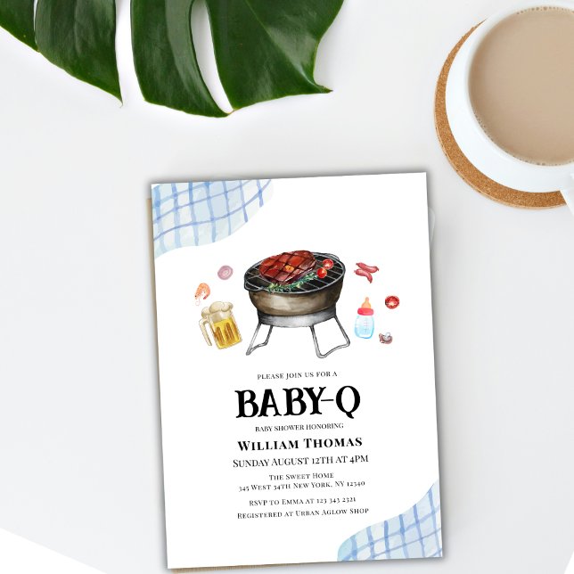 Invitation Blue Plaid Retro Country Baby Q Baby shower (Blue Plaid Retro Country Baby Q Baby Shower Invitation)