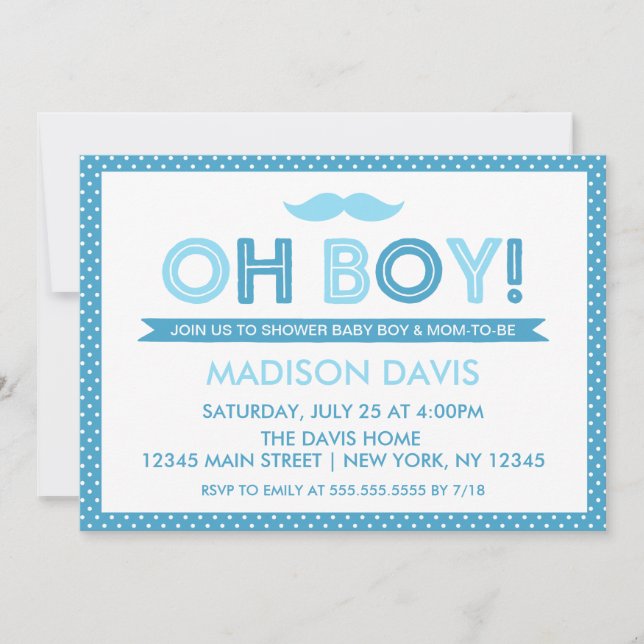 Invitation Blue Polka Dot Oh Baby shower garçon (Devant)