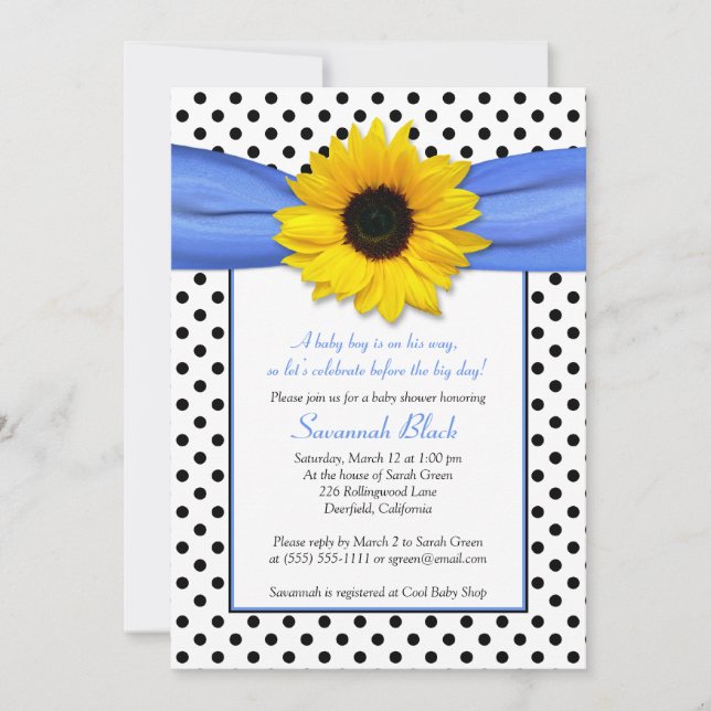 Invitation Blue Polka Dot Sunflower Baby shower garçon (Devant)