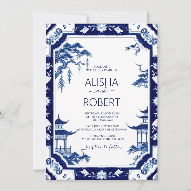 Invitation Blue Porcelain Chinoiserie Floral Mariage (Devant)