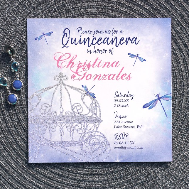 Invitation Blue Princess Carriage Quinceañera (dusty blue, princess horse buggy carriage quinceanera invitations, whimsical dragonflies)