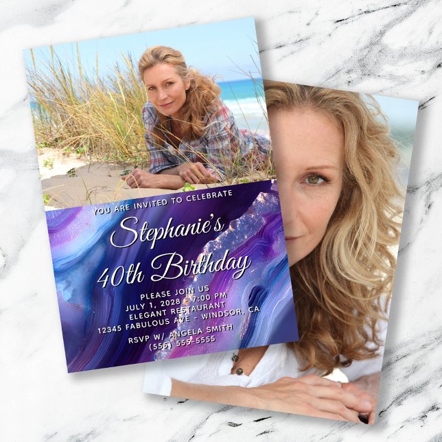 Invitation Blue Purple Agate Élégante photo 40e anniversaire (Blue Purple Agate Elegant Photo 40th Birthday Invitation)