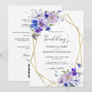 Invitation Blue Purple Gold Floral Tout en 1 QR Code Mariage