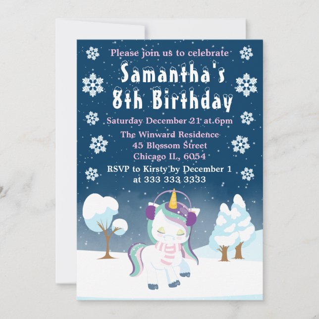 Invitation Blue Purple & White Winter Unicorne fête d'anniver (Devant)