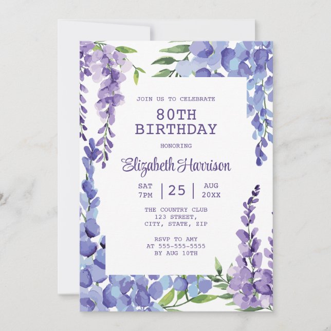 Invitation Blue Purple Wisteria Floral 80e anniversaire (Devant)