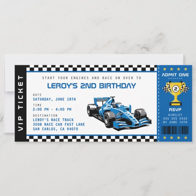 Invitation Blue Race Car Billet Pass Garçon fête d'anniversai (Devant)