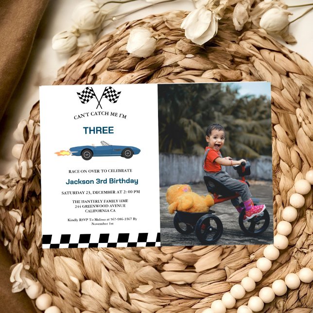Invitation Blue Race Car Boy 3e fête d'anniversaire (Créateur téléchargé)
