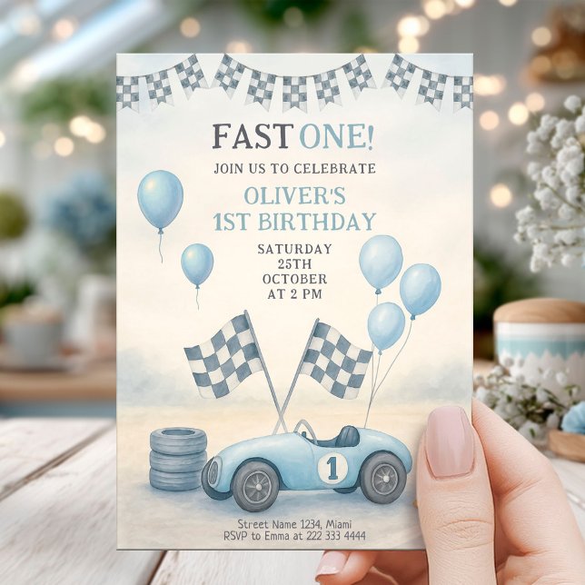 Invitation Blue Race Car First Birthday (Créateur téléchargé)