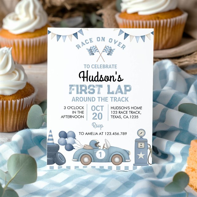 Invitation Blue Race Car First Lap Around The Track Birthday (Créateur téléchargé)