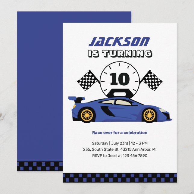 Invitation Blue Racing Car Race Enfants Garçons Anniversaire (Devant / Derrière)