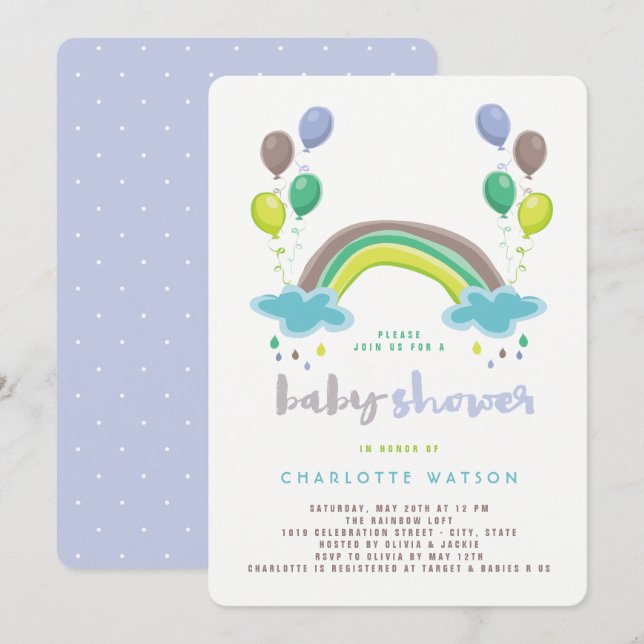 Invitation Blue Rainbow & Balloons Whimsical Boy Baby shower (Devant / Derrière)