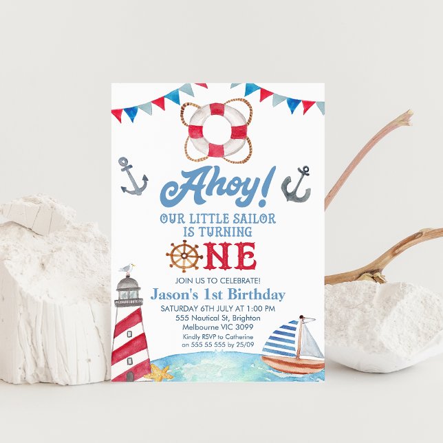Invitation Blue Red Ahoy Our Little Sailor 1er Anniversaire (Boys Nautical First Birthday Invitation, Sailboat, Ahoy Our Little Sailor Invite, Lighthouse)