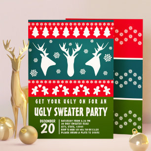 Invitation Blue Red et Green Reindeer Ugly Sweat Party