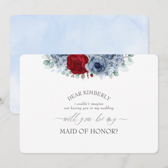 Invitation Blue Red Floral Maid of Honor Bridesmaid Propositi (Devant / Derrière)