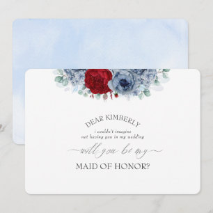 Invitation Blue Red Floral Maid of Honor Bridesmaid Propositi