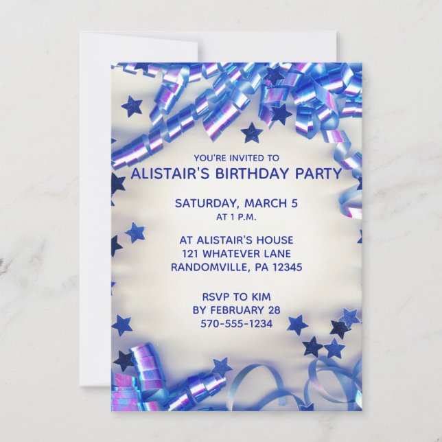 Invitation Blue Ribbon & Confetti Boys fête d'anniversaire (Devant)