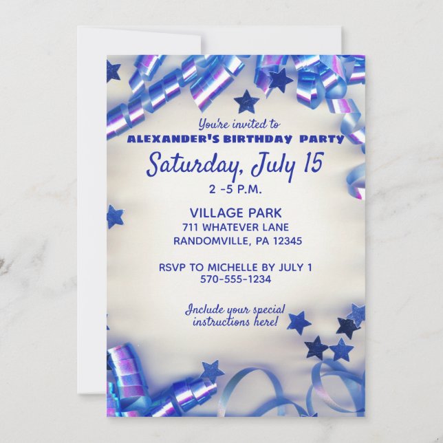 Invitation Blue Ribbon & Stars Confetti 11e fête d'anniversai (Dos)