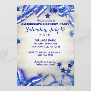 Invitation Blue Ribbon & Stars Confetti 15ème anniversaire fê