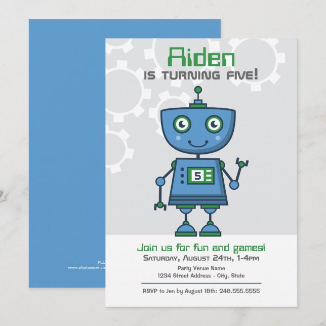 Invitation Blue Robot Boys fête d'anniversaire (Devant / Derrière)