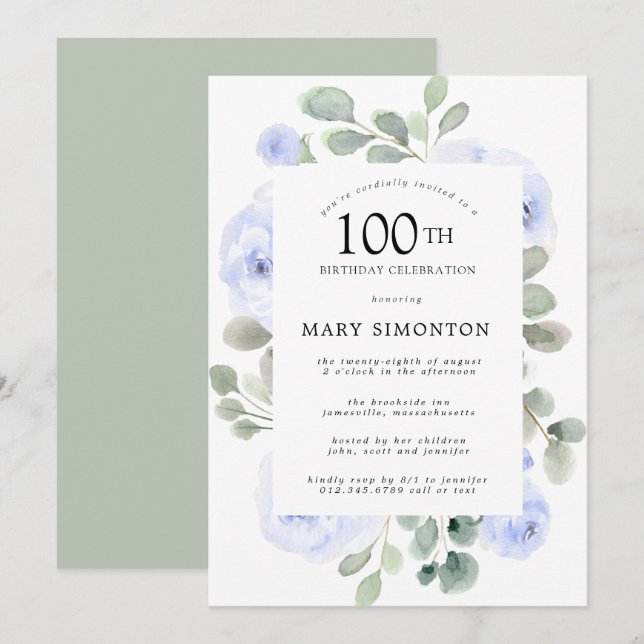 Invitation Blue Rose Floral Eucalyptus 100e fête d'anniversai (Devant / Derrière)