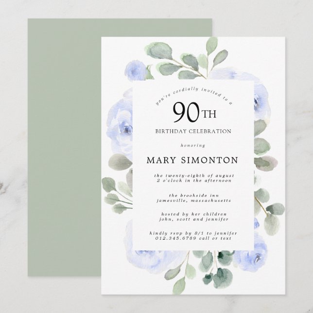 Invitation Blue Rose Floral Eucalyptus 90e fête d'anniversair (Devant / Derrière)