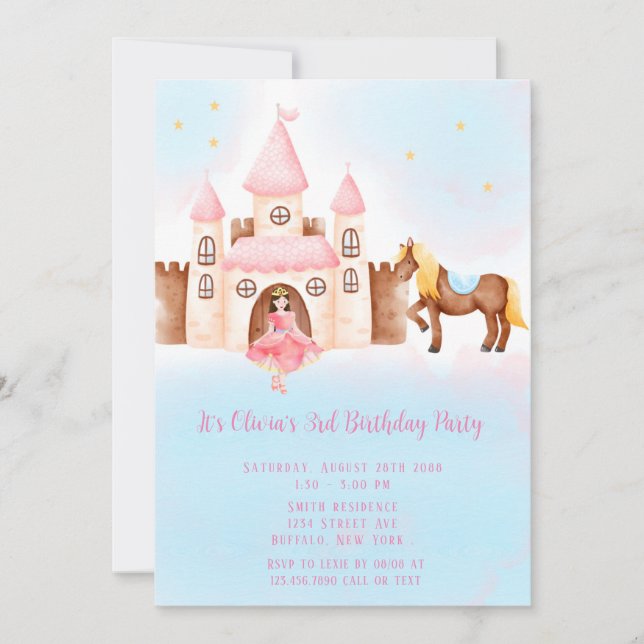 Invitation Blue Rose Princess Castle Horse fête d'anniversair (Devant)