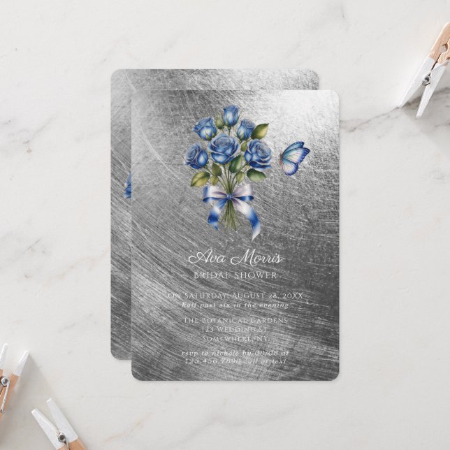 Invitation Blue Roses Butterfly Silver Bridal Shower (Devant/Arrière en situation)