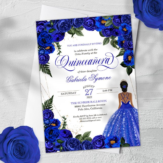 Invitation Blue Roses & Gold Fancy Ball Gown Quinceanera (Créateur téléchargé)