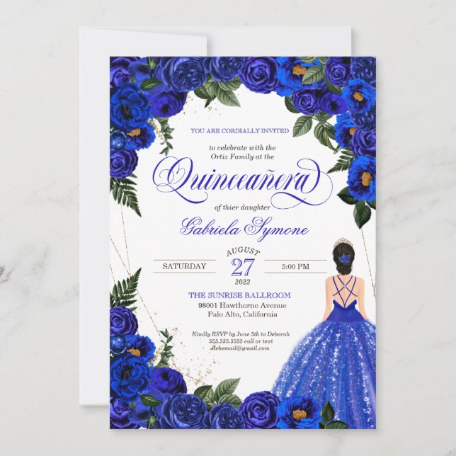 Invitation Blue Roses & Gold Fancy Ball Gown Quinceanera Inv (Devant)