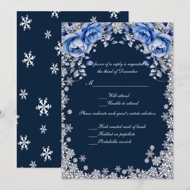 Invitation Blue Roses Snowflake Noël Mariage réponse (Devant / Derrière)