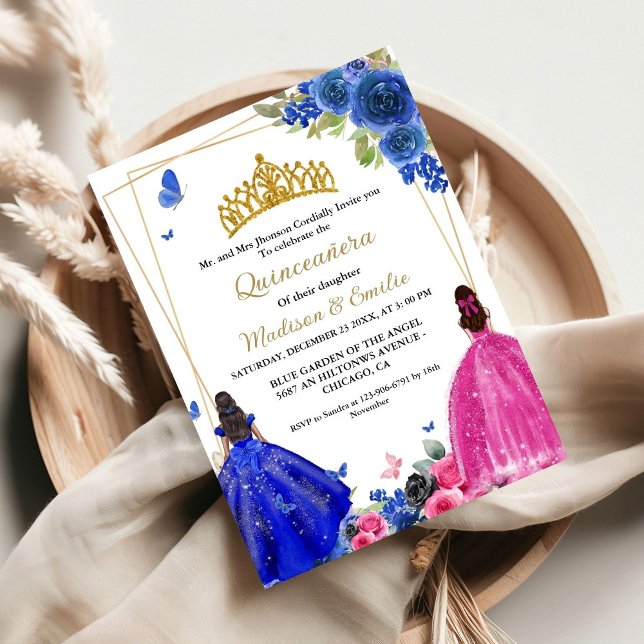 Invitation Blue Royal & Fuchsia Butterfly Twin Quinceanera (Créateur téléchargé)