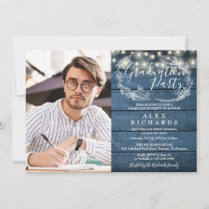 Invitation Blue Rustic String Lights Photo Graduation Party