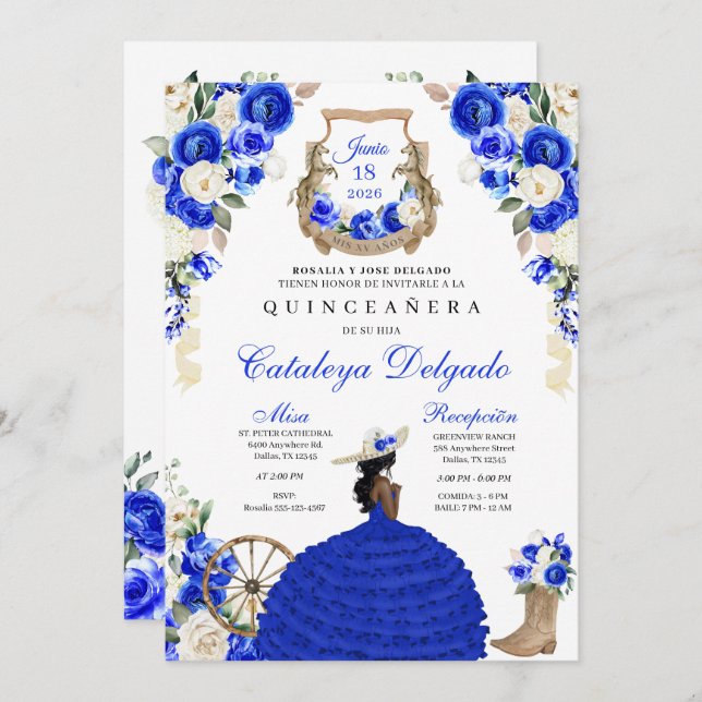 Invitation Blue Rustic Western Charro Princesse Quinceañera (Devant / Derrière)