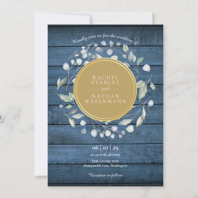 Invitation Blue Rustic Wood Laurel Garland Gold Mariage (Devant)