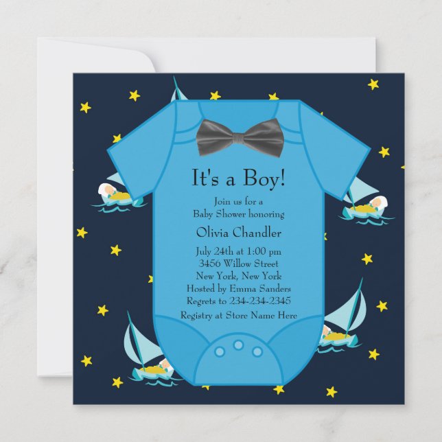 Invitation Blue Sailboat Baby Boy Douche (Devant)