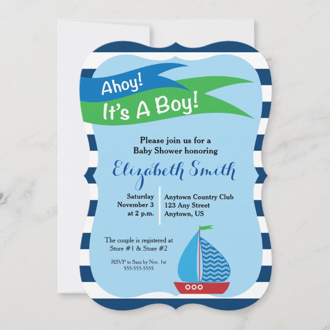 Invitation Blue Sailboat Nautical Boy Baby shower (Devant)