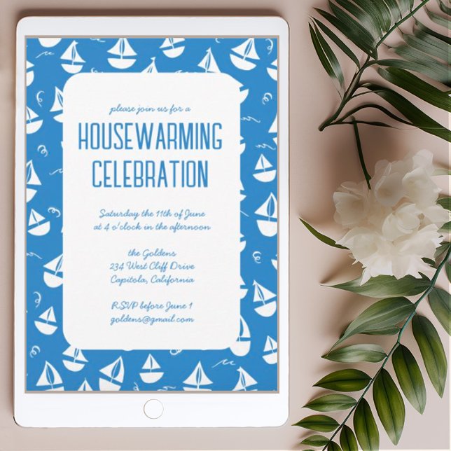 Invitation Blue Sailboats Cute Beach House Party (Custom housewarming invitation with cute sailboats pattern. Customize w your text digital or post)