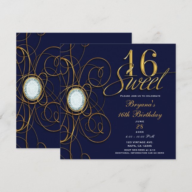 Invitation Blue Sapphire Gold Diamond Sweet 16 16e anniversai (Devant / Derrière)