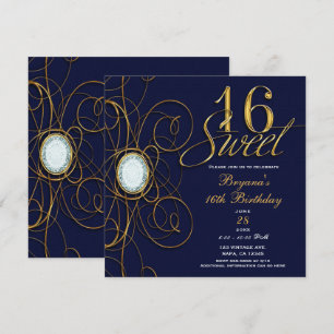 Invitation Blue Sapphire Gold Diamond Sweet 16 16e anniversai