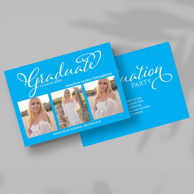 Invitation Blue Script Photo Collage Graduation Announcement (Front view of blue script photo collage graduation announcement with three senior portraits.)