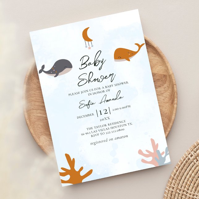 Invitation Blue Sea Boho Cute Whale Baby shower (Créateur téléchargé)