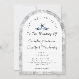 Invitation Blue Seashell Silver Grey Watercolor Beach Mariage