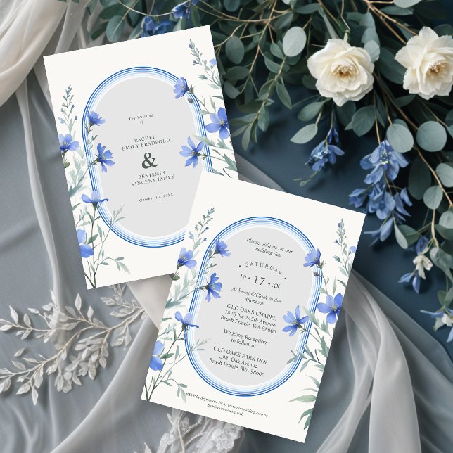 Invitation Blue Shades Cherish Botanical Wildflowers Branches (Delicate Blue Shades Cherish Botanical Wildflowers Branches Wedding Invitations. )